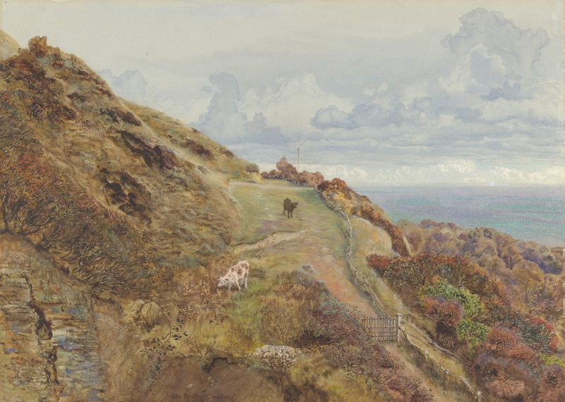 Landscape of Bonchurch Downs by John Brett, oil on canvas, with rolling hills and heavy clouds.