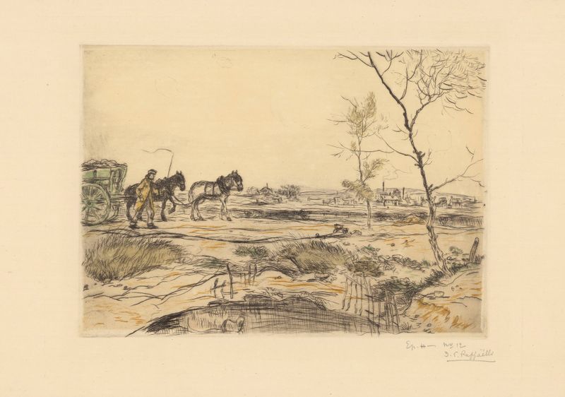 Paisaje con una figura solitaria junto a un camino, pintura al óleo de Jean François Raffaëlli
