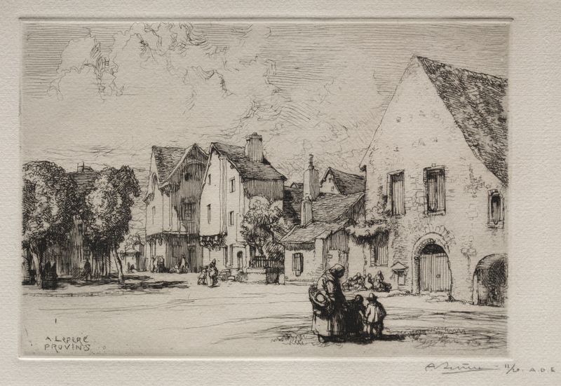Paisagem de Provins por Auguste Louis Lepère, pintura a óleo com arquitetura rústica e natureza.