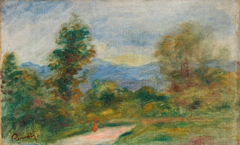 Paysage, la route de Pierre-Auguste Renoir, óleo sobre lienzo que muestra un paisaje sereno con un camino sinuoso.