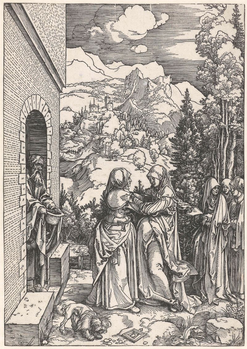 Visitatie by Albrecht Dürer, paper medium, depicting Virgin Mary and Elizabeth in a sunlit room.