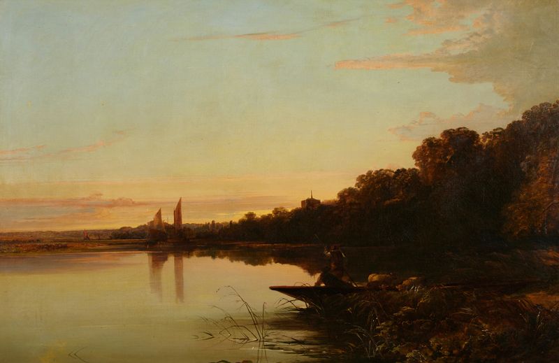 Paisaje con reflejos en el agua y el cielo, pintura al óleo de Edward Charles Williams