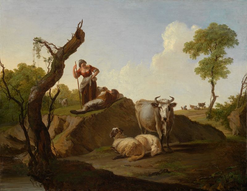 Paisaje con rebaño y pastores de Nicolas Henri Joseph de Fassin, pintura al óleo