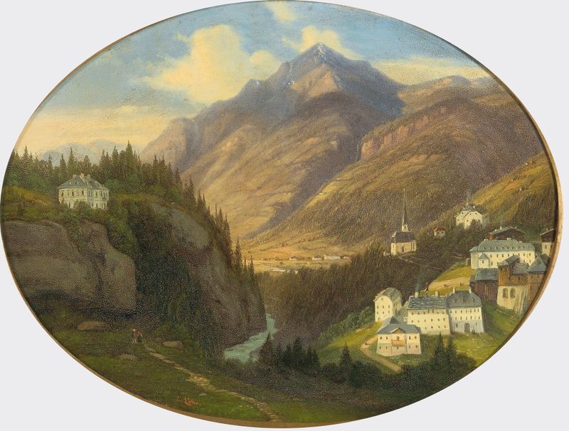 Landscape with a church in the mountains, oil painting by Emil Ludwig Löhr