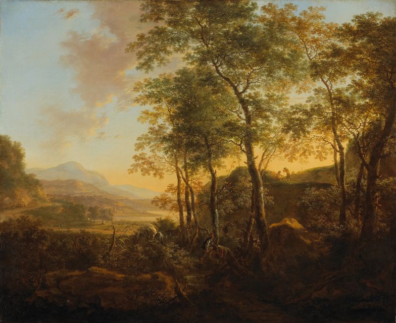 Wooded Hillside with a Vista, óleo sobre lienzo de Jan Both, con densa vegetación y luz solar.