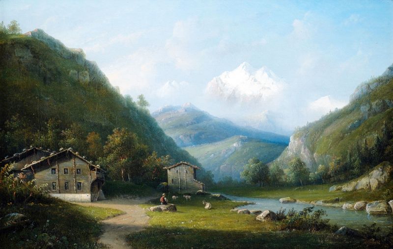 Paisaje con el macizo del Mont-Blanc, río y nubes de Jacobus Hendricus Johannes Noteboom