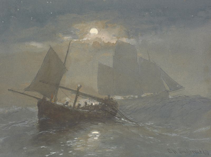 Barcos de pesca a la luz de la luna, óleo sobre lienzo de George Henry Andrews