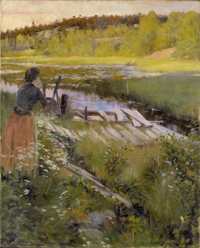 Pintura a óleo de Oscar Björck retratando um lago sereno com árvores e reflexos.