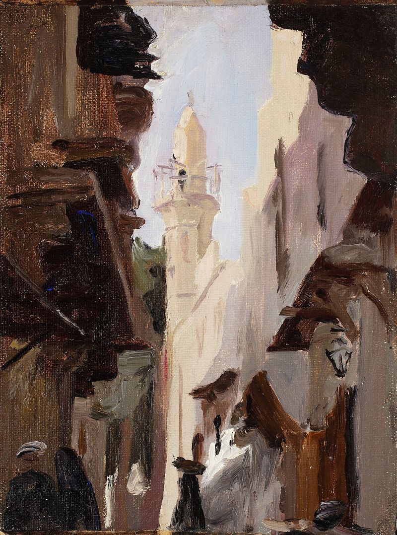 Calle en El Cairo, óleo de Jan Ciągliński, representando un vibrante paisaje urbano.