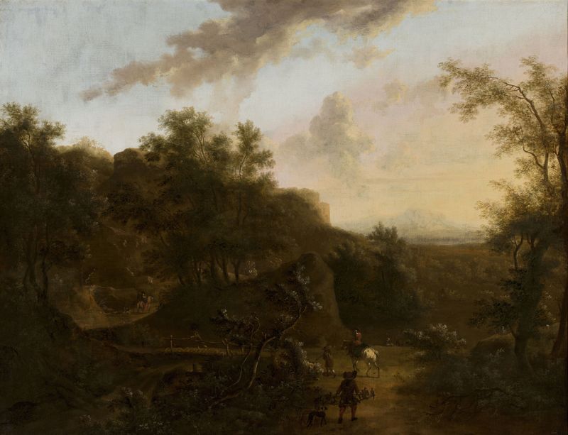 Italian landscape by Frederik de Moucheron, oil on canvas depicting hills and trees under a colorful sky.