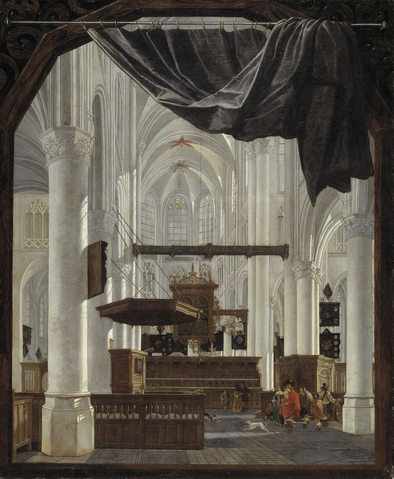 Interior de Sint Gertrudiskerk en Bergen Op Zoom, óleo sobre lienzo de Gerard Houckgeest
