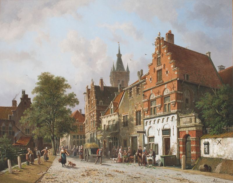 Landscape depicting Delft with the Prinsenhof, oil painting by Adrianus Eversen