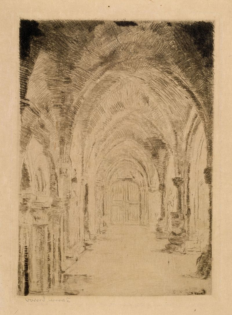 The Crypt de James Ensor, óleo sobre tela que retrata um vault escuro e figuras em uma atmosfera tranquila.