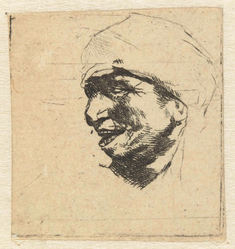 Perfil de un agricultor sonriente en grabado de Cornelis Pietersz. Bega
