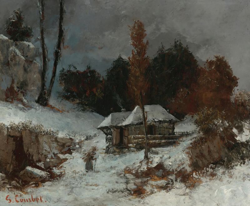 Mujer cargando leña en un paisaje nevado, óleo sobre lienzo de Gustave Courbet