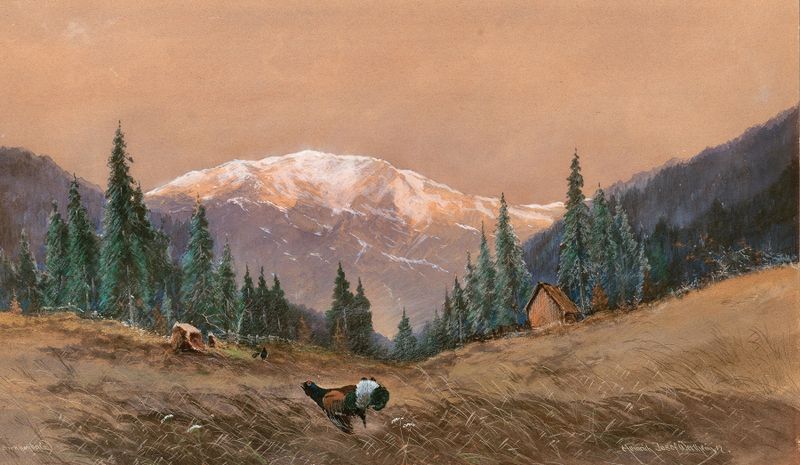 Urogallo en un bosque al atardecer, pintura al óleo de Heinrich Josef Wertheim