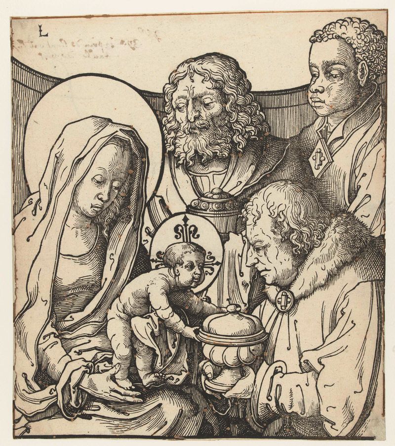 De aanbidding der koningen, óleo sobre painel de Unknown Artist, retratando figuras em adoração com vestimentas vibrantes.