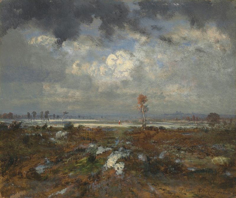 Paisagem de Théodore Rousseau, pintura a óleo que retrata colinas e natureza.