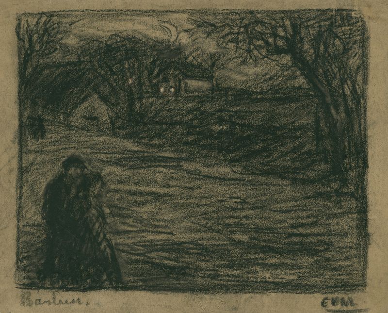 Escena figurativa que representa figuras en un paisaje, pintura al óleo de Eugeen Van Mieghem
