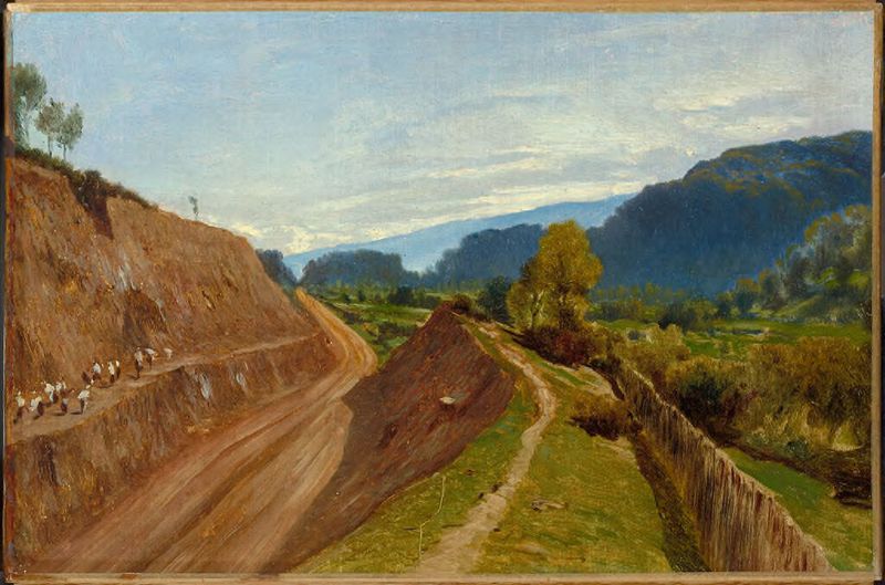Preparando um Corte Ferroviário, óleo sobre papel de Charles-François Eustache, retratando trabalhadores em uma ferrovia.