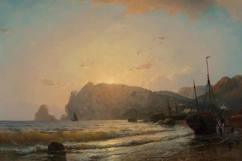 Landscape oil painting by Carl Frederik Sørensen depicting a tranquil sunset.