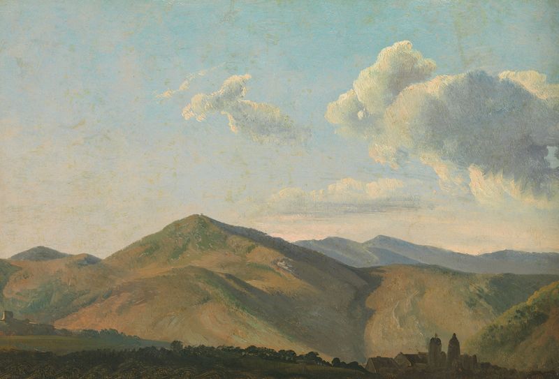 Mountainous landscape by Simon Denis, oil painting featuring deep greens and browns.