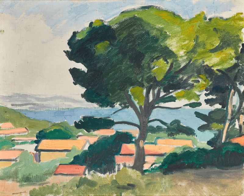 L’Estaque de Albert Marquet, óleo de un pueblo costero con mar azul y techos de terracota