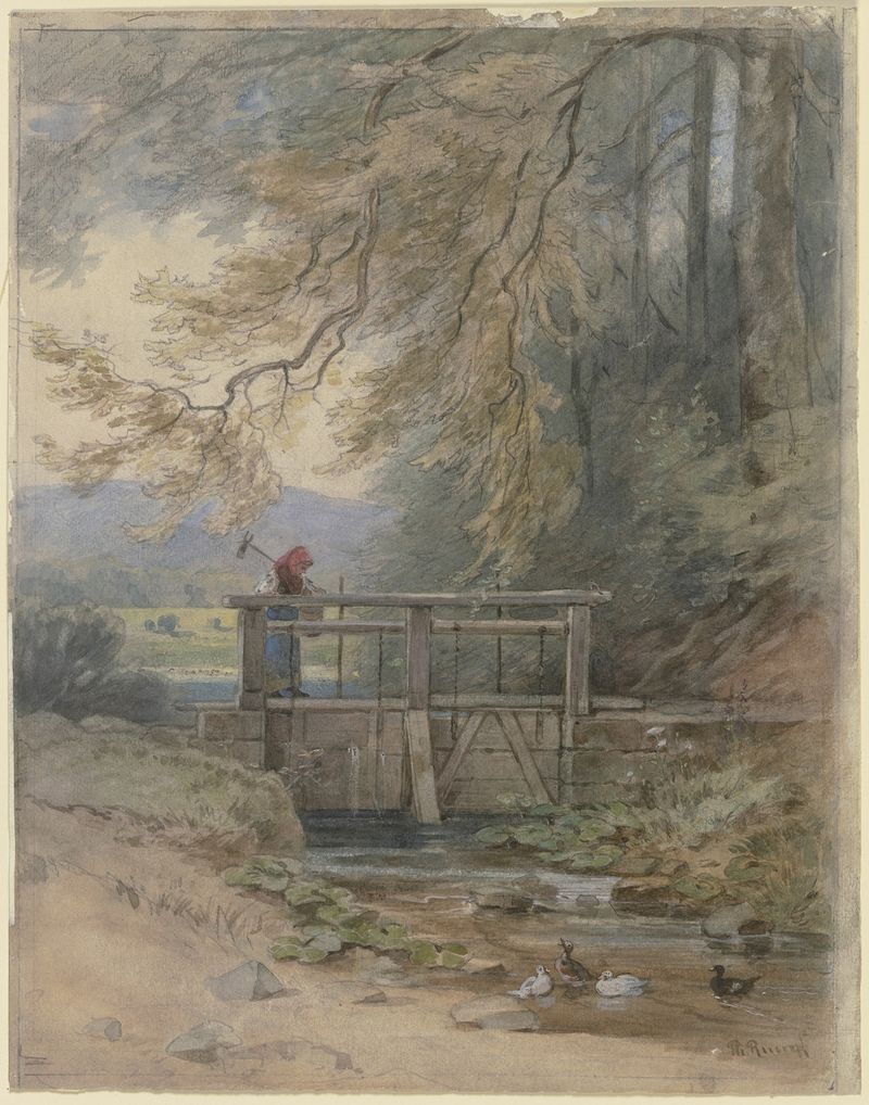 Forest landscape with weir by Philipp Rumpf, oil painting depicting dense foliage and tranquil nature.