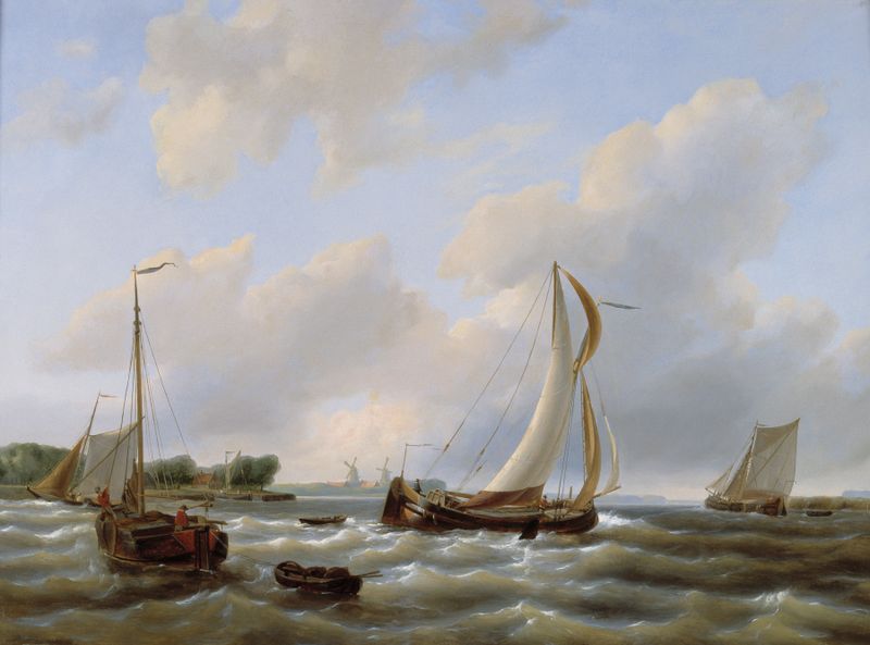 Marine scene with fishing boats and inland ships, oil on canvas by Petrus Johannes Schotel