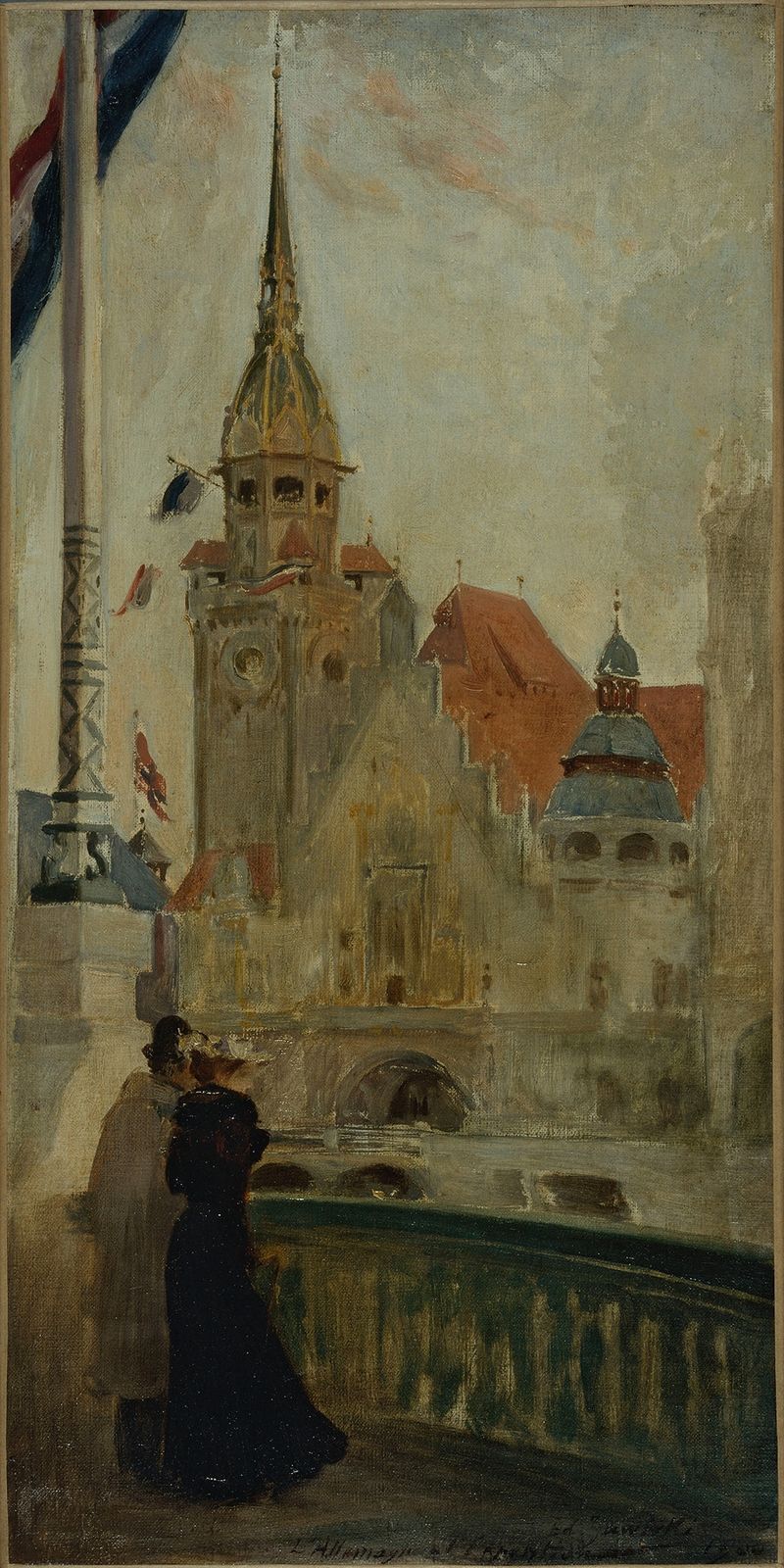 Oil painting by Edouard Zawiski depicting a pavilion against a dramatic sky.