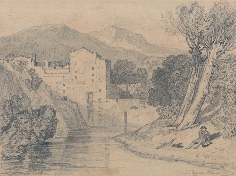Landscape of hills and shoreline in oil painting by John Sell Cotman