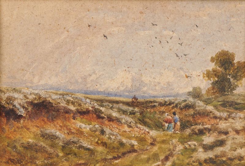 Heath Scene de David Cox, aquarela em papel que retrata uma paisagem serena de urze.