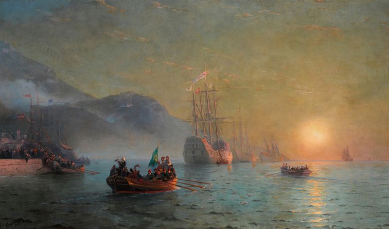 Colombo está em um navio contra um céu de pôr do sol, óleo sobre tela de Ivan Konstantinovich Aivazovsky