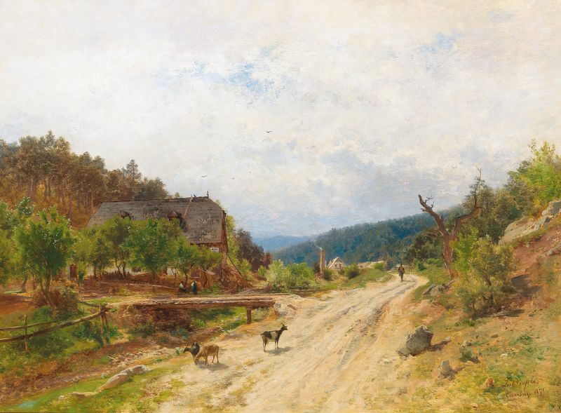 Landscape oil painting by Eduard Peithner von Lichtenfels depicting a tranquil oasis.