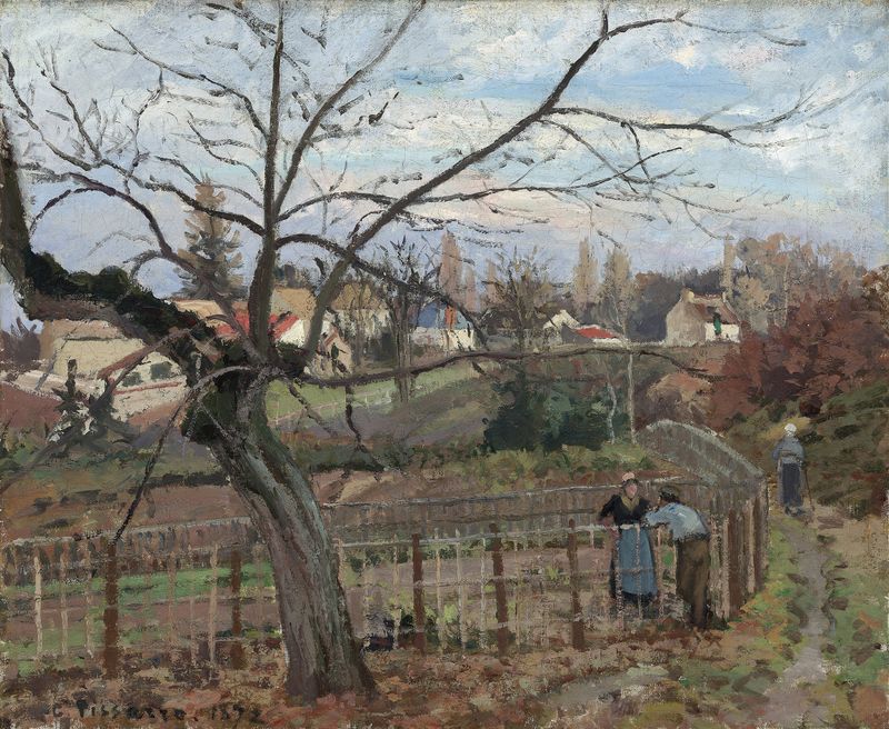 Pintura al óleo de Camille Pissarro que presenta una cerca desgastada y vegetación exuberante.