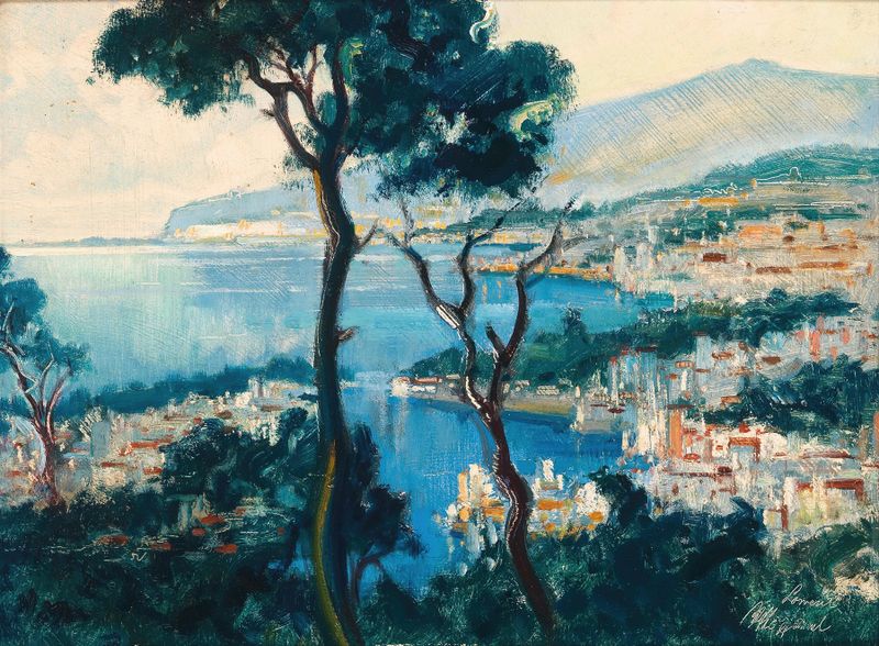 Escena de costa con aguas cerúleas y acantilados, óleo sobre lienzo de Otto Hamel