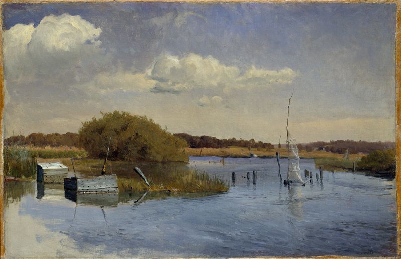 The Shore at Ringsjön II by Gustaf Rydberg, oil painting of a serene lake at dusk.