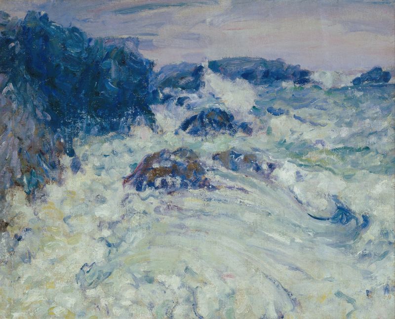 Rough sea, Morestil by John Peter Russell, oil on canvas depicting turbulent waves and rocky shoreline.