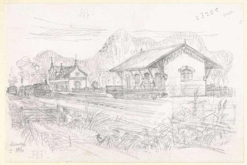 Stationnetje van Kwadijk de Maarten Oortwijn, óleo sobre tela mostrando uma estação de trem com luz do sol e árvores.