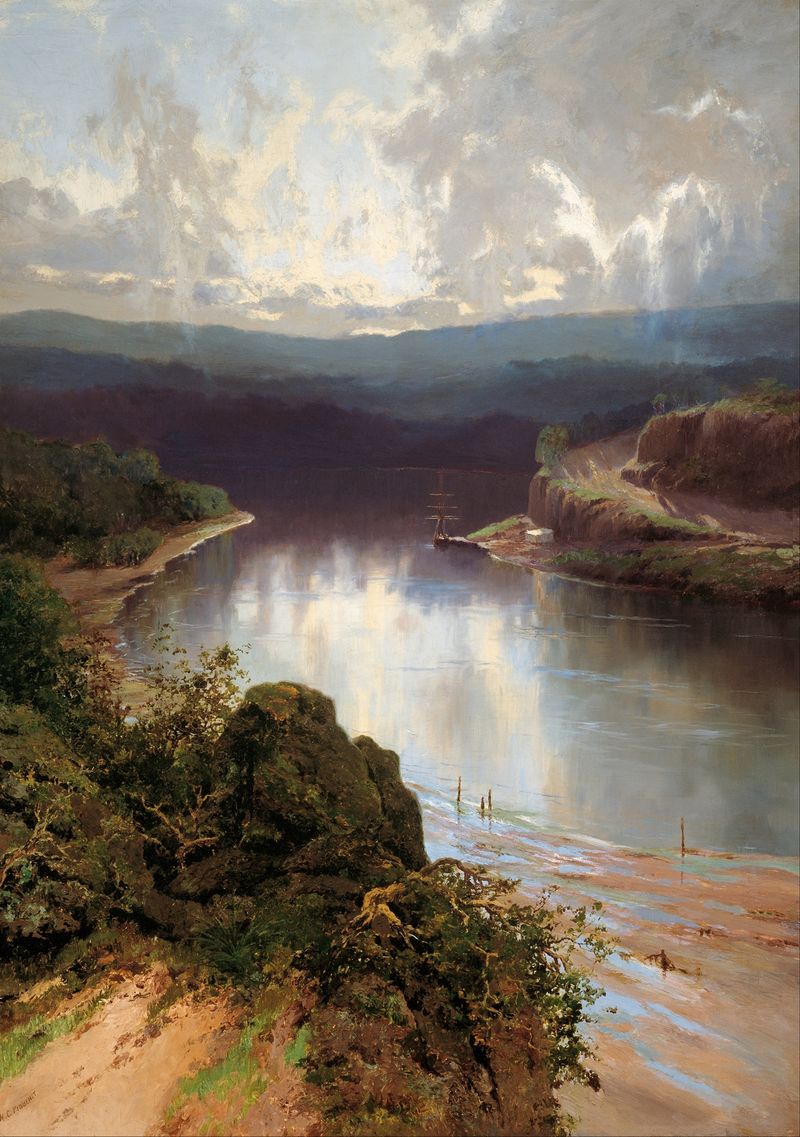 An Australian fjord by William Charles Piguenit, oil painting depicting a serene landscape with water and hills.