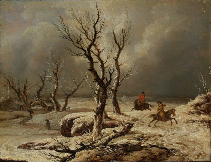 Winter landscape with two riders in snow by Ferdinand Kobell