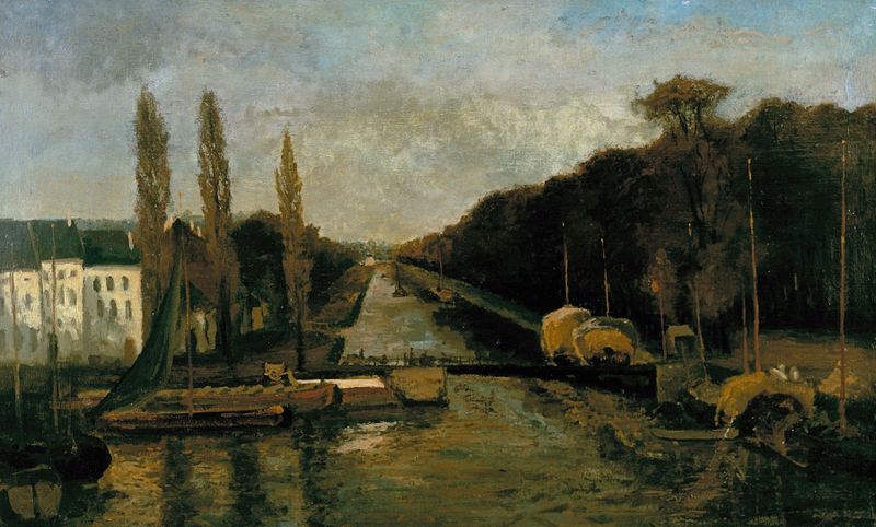 De Oeverpoort in Brussel by Alphonse Asselbergs, realism, depicting an ancient structure under gray skies