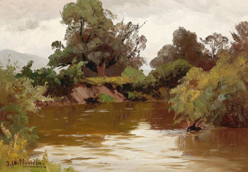 River Landscape de Josef Willroider, pintura a óleo que retrata um rio sereno ao crepúsculo.