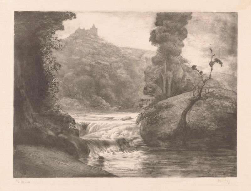 Landschap met waterval de Simon Moulijn, pintura al óleo de un paisaje tranquilo con una cascada.