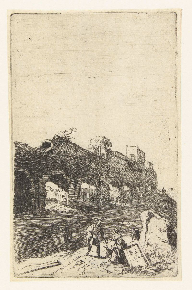 Etching by Bartholomeus Breenbergh depicting ruins of an aqueduct with arches and landscape.