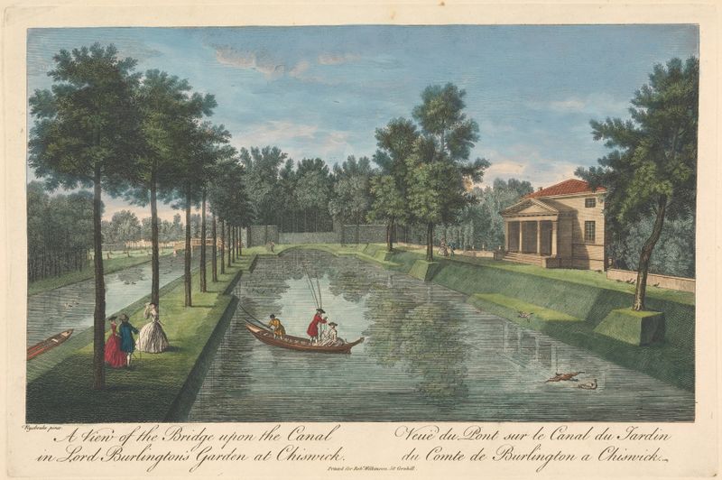 Rococo landscape featuring a canal and bridge by Pieter Andreas Rysbrack