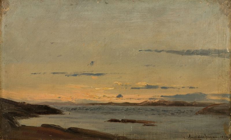 Paisaje impresionista de Amaldus Nielsen, pintura al óleo que representa un atardecer sobre aguas tranquilas.