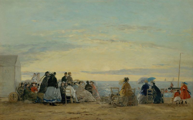 On the Beach, Sunset de Eugène Boudin, óleo sobre tela mostrando silhuetas à beira da água