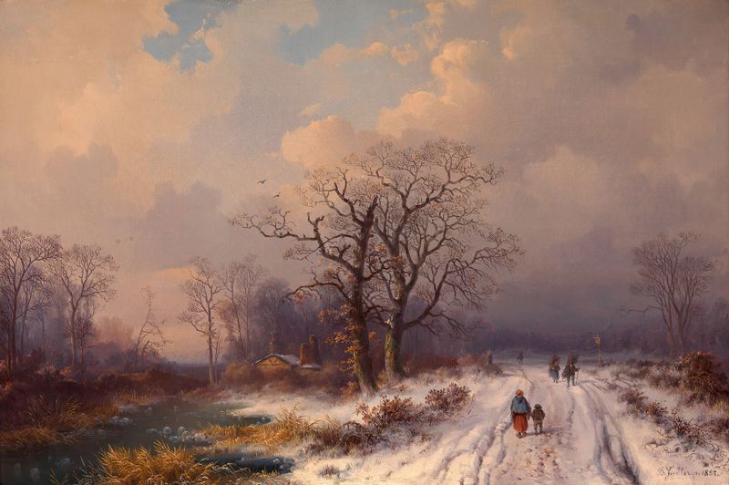 Paisaje invernal con árboles cubiertos de nieve, óleo sobre lienzo de Bernhard Fiedler