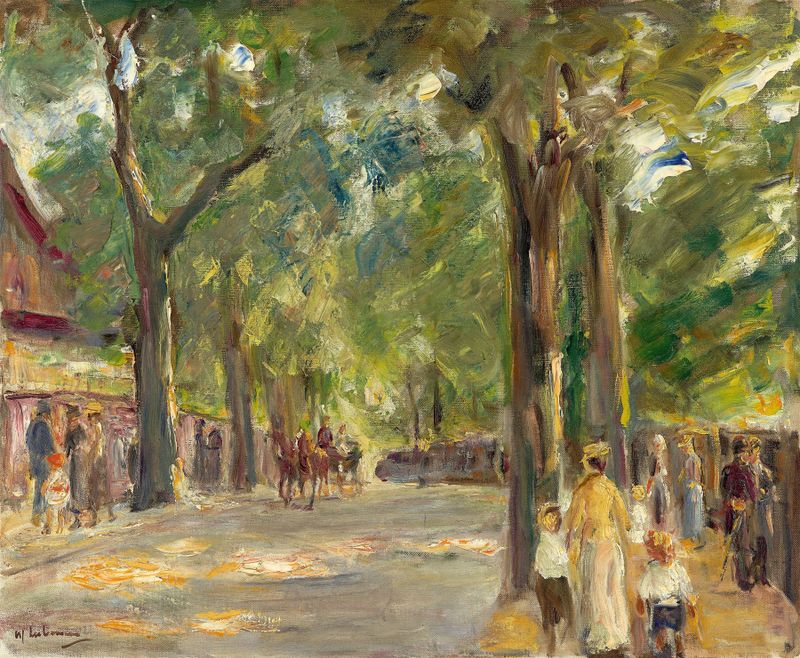 Die Große Seestrasse in Wannsee mit Spaziergängern de Max Liebermann, pintura a óleo que mostra figuras caminhando em um c...